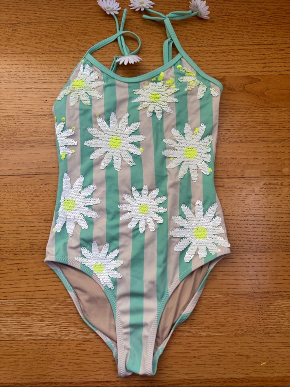 Shade Critters Striped Daisy Flip Sequin One-Piece Swimsuit in Mint & Beige